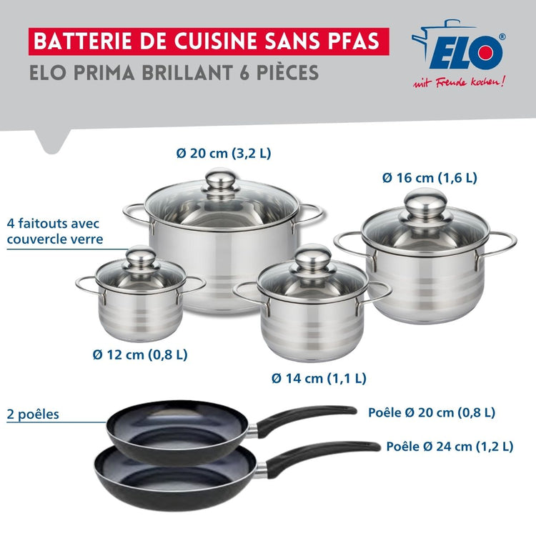 Ensemble de 2 Poêles de cuisson 20 et 24 cm et 4 faitouts 12, 14, 16 et 20 cm Elo Prima Brillant