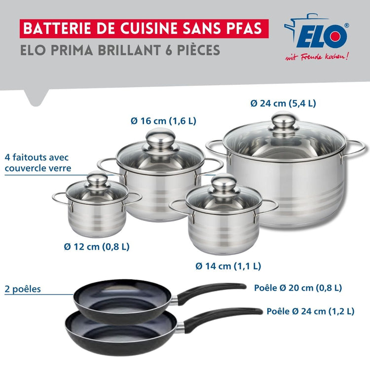 Ensemble de 2 Poêles de cuisson 20 et 24 cm et 4 faitouts 12, 14, 16 et 24 cm Elo Prima Brillant