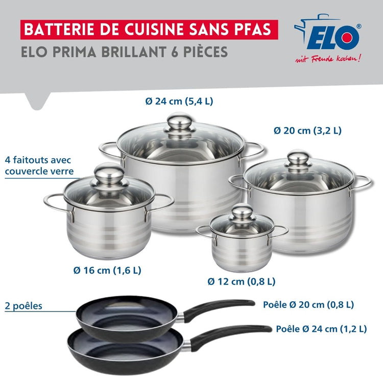 Ensemble de 2 Poêles de cuisson 20 et 24 cm et 4 faitouts 12, 16, 20 et 24 cm Elo Prima Brillant