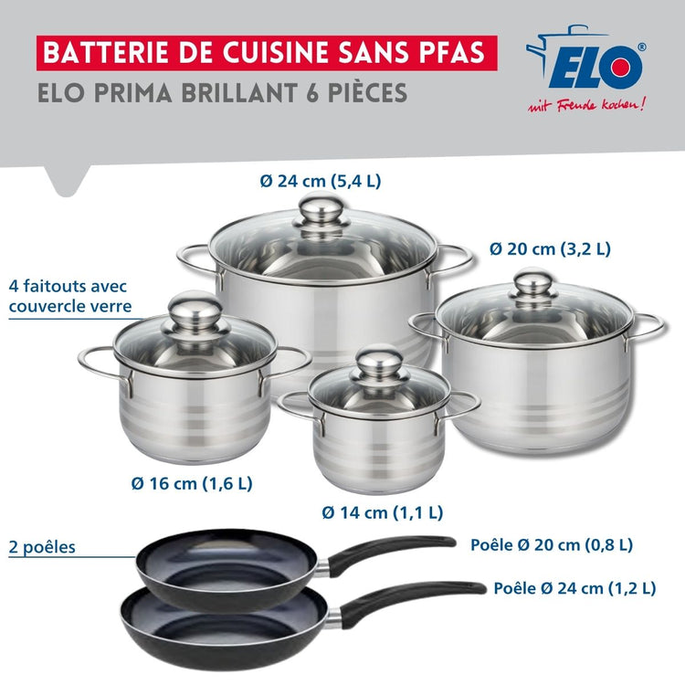 Ensemble de 2 Poêles de cuisson 20 et 24 cm et 4 faitouts 14, 16, 20 et 24 cm Elo Prima Brillant