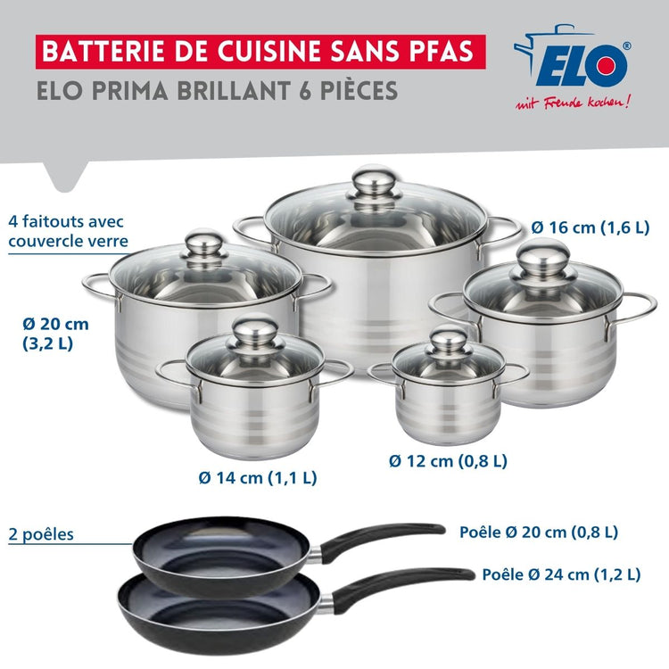 Ensemble de 2 Poêles de cuisson 20 et 24 cm et 5 faitouts 12, 14, 16, 20 et 24 cm Elo Prima Brillant