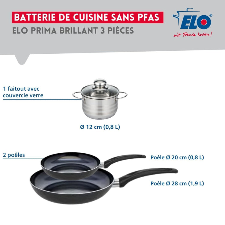 Ensemble de 2 Poêles de cuisson 20 et 28 cm et 1 faitout 12 cm Elo Prima Brillant