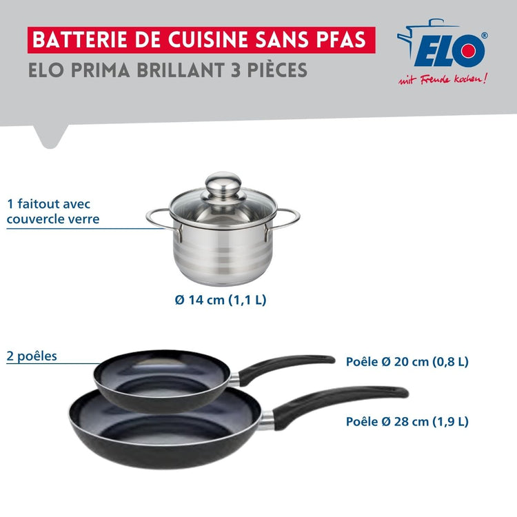 Ensemble de 2 Poêles de cuisson 20 et 28 cm et 1 faitout 14 cm Elo Prima Brillant