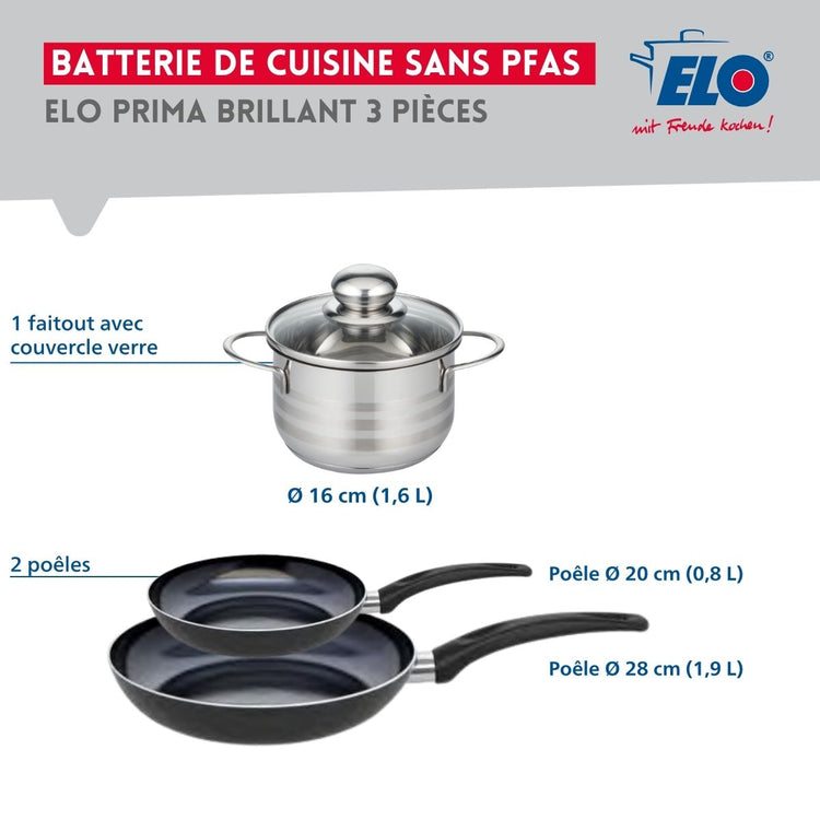 Ensemble de 2 Poêles de cuisson 20 et 28 cm et 1 faitout 16 cm Elo Prima Brillant