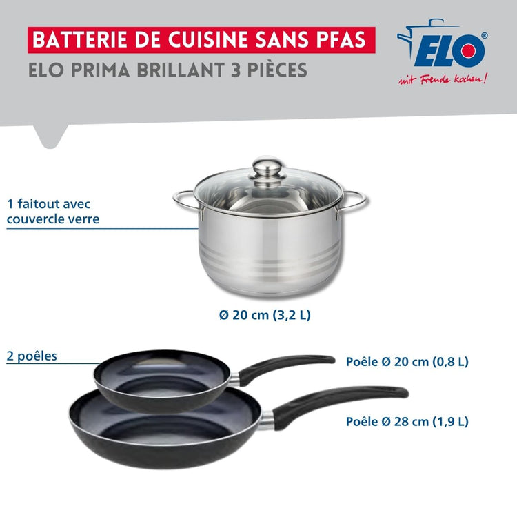 Ensemble de 2 Poêles de cuisson 20 et 28 cm et 1 faitout 20 cm Elo Prima Brillant