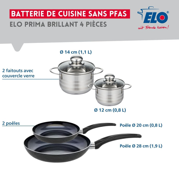 Ensemble de 2 Poêles de cuisson 20 et 28 cm et 2 faitouts 12 et 14 cm Elo Prima Brillant