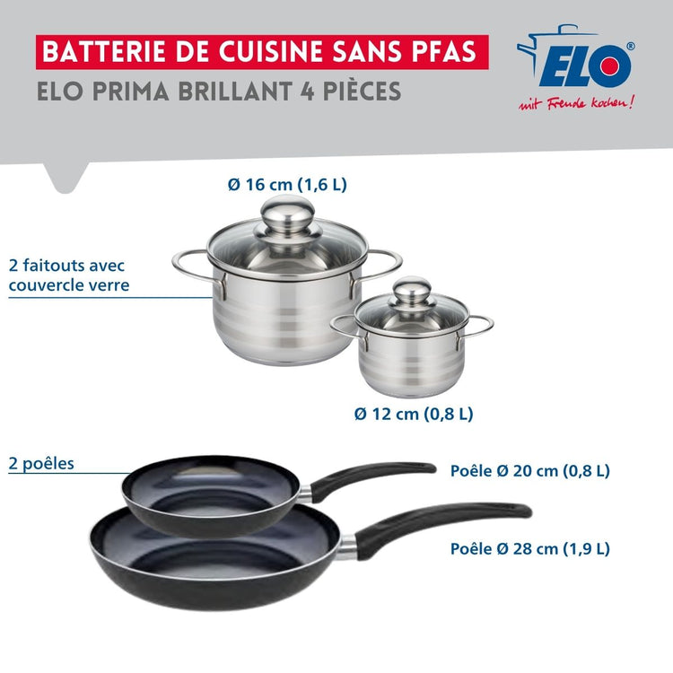 Ensemble de 2 Poêles de cuisson 20 et 28 cm et 2 faitouts 12 et 16 cm Elo Prima Brillant