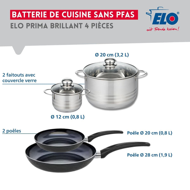 Ensemble de 2 Poêles de cuisson 20 et 28 cm et 2 faitouts 12 et 20 cm Elo Prima Brillant