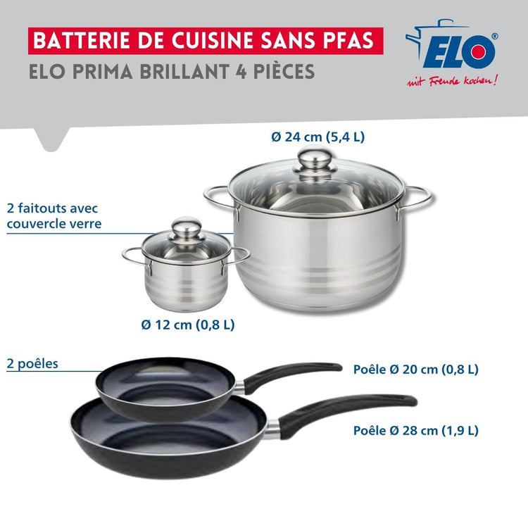 Ensemble de 2 Poêles de cuisson 20 et 28 cm et 2 faitouts 12 et 24 cm Elo Prima Brillant