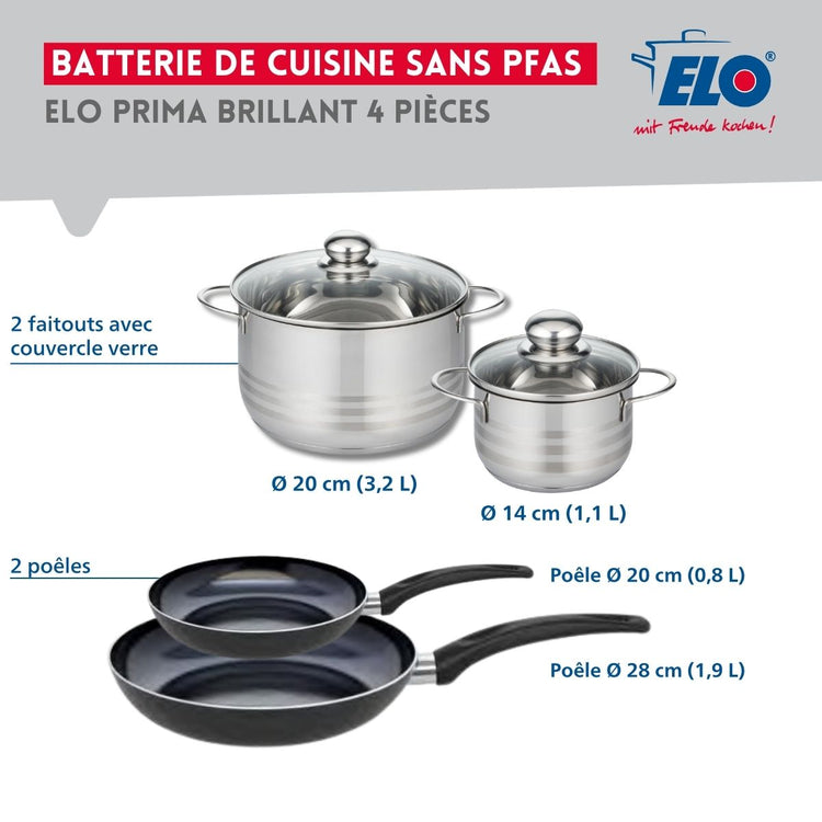 Ensemble de 2 Poêles de cuisson 20 et 28 cm et 2 faitouts 14 et 20 cm Elo Prima Brillant