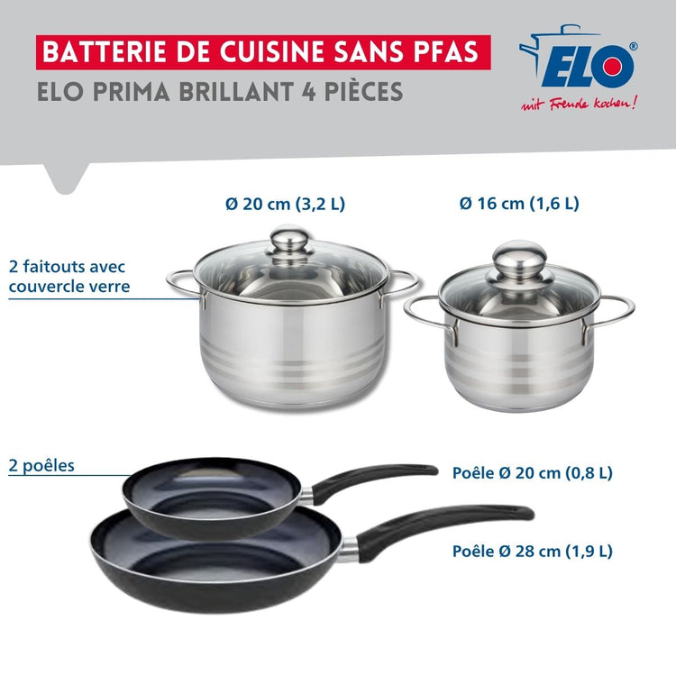 Ensemble de 2 Poêles de cuisson 20 et 28 cm et 2 faitouts 16 et 20 cm Elo Prima Brillant