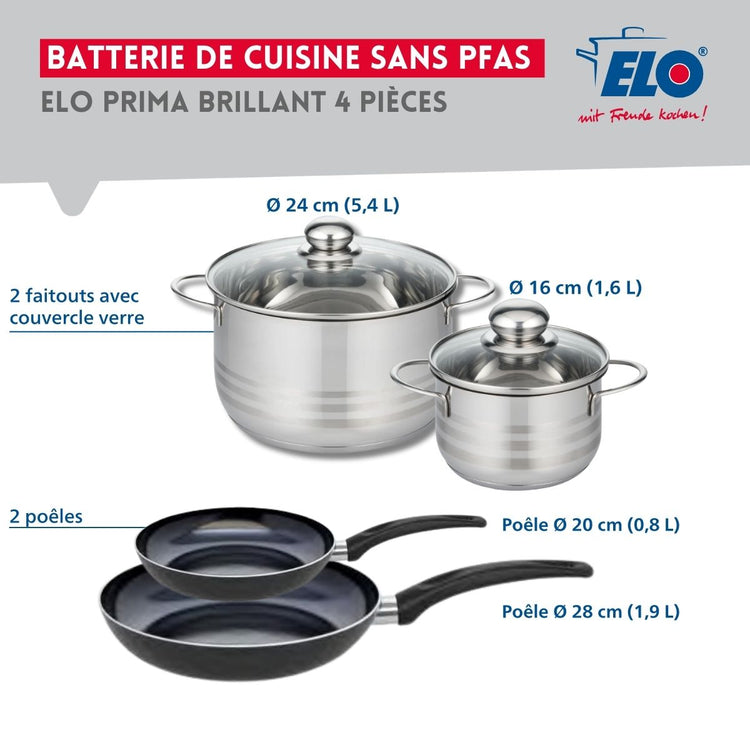 Ensemble de 2 Poêles de cuisson 20 et 28 cm et 2 faitouts 16 et 24 cm Elo Prima Brillant