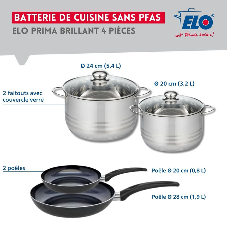 Ensemble de 2 Poêles de cuisson 20 et 28 cm et 2 faitouts 20 et 24 cm Elo Prima Brillant