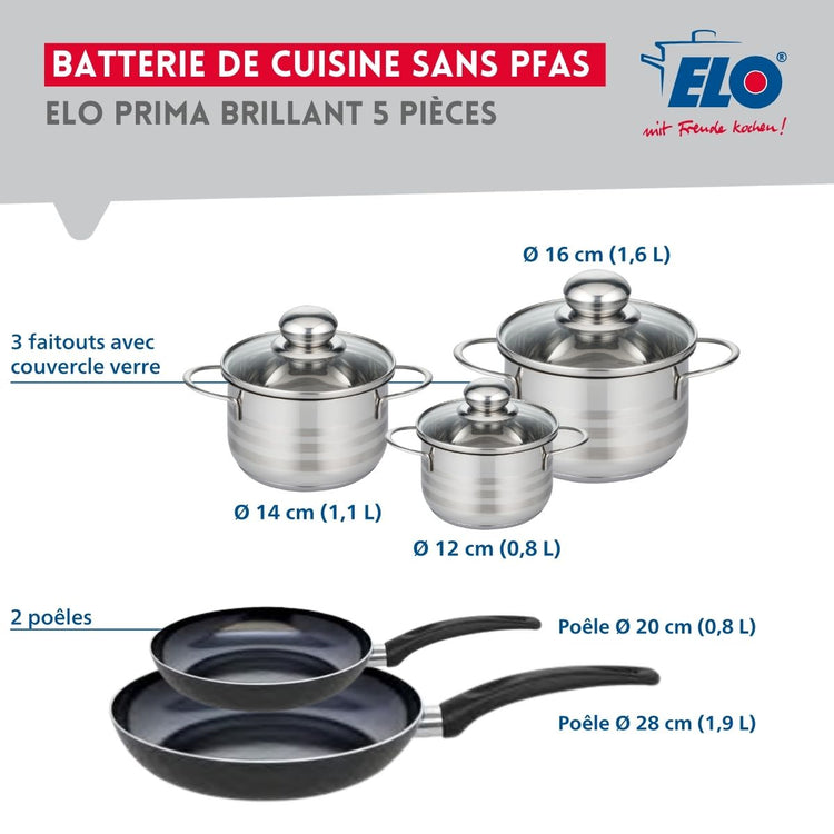 Ensemble de 2 Poêles de cuisson 20 et 28 cm et 3 faitouts 12, 14 et 16 cm Elo Prima Brillant