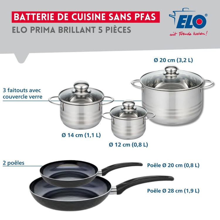 Ensemble de 2 Poêles de cuisson 20 et 28 cm et 3 faitouts 12, 14 et 20 cm Elo Prima Brillant