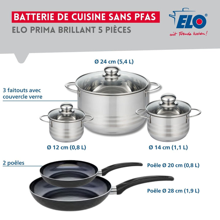 Ensemble de 2 Poêles de cuisson 20 et 28 cm et 3 faitouts 12, 14 et 24 cm Elo Prima Brillant