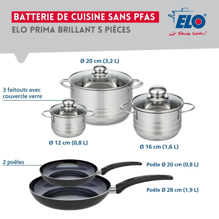 Ensemble de 2 Poêles de cuisson 20 et 28 cm et 3 faitouts 12, 16 et 20 cm Elo Prima Brillant