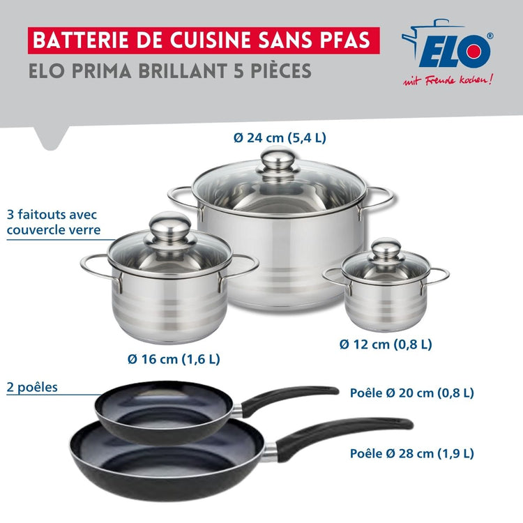 Ensemble de 2 Poêles de cuisson 20 et 28 cm et 3 faitouts 12, 16 et 24 cm Elo Prima Brillant