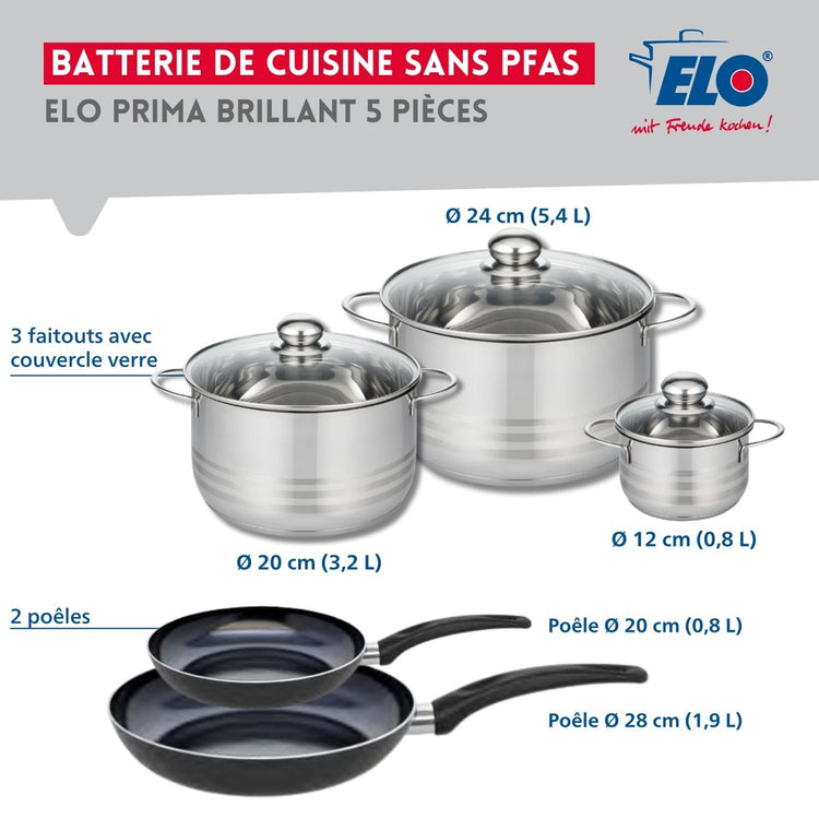 Ensemble de 2 Poêles de cuisson 20 et 28 cm et 3 faitouts 12, 20 et 24 cm Elo Prima Brillant