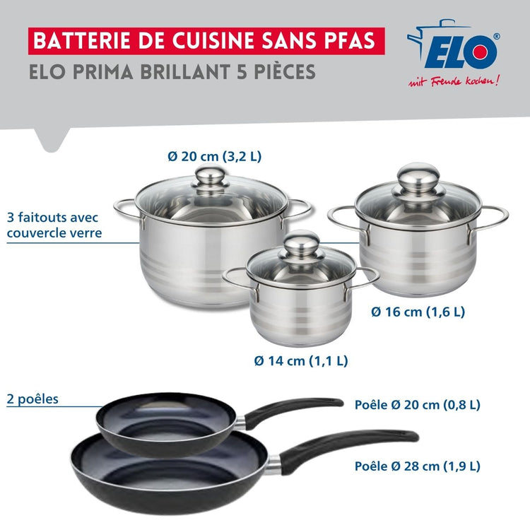 Ensemble de 2 Poêles de cuisson 20 et 28 cm et 3 faitouts 14, 16 et 20 cm Elo Prima Brillant