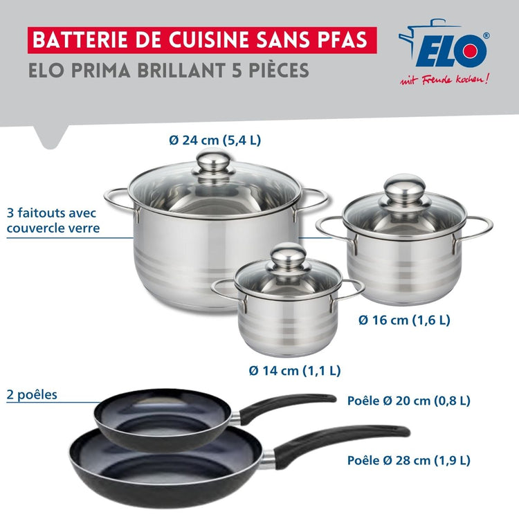 Ensemble de 2 Poêles de cuisson 20 et 28 cm et 3 faitouts 14, 16 et 24 cm Elo Prima Brillant