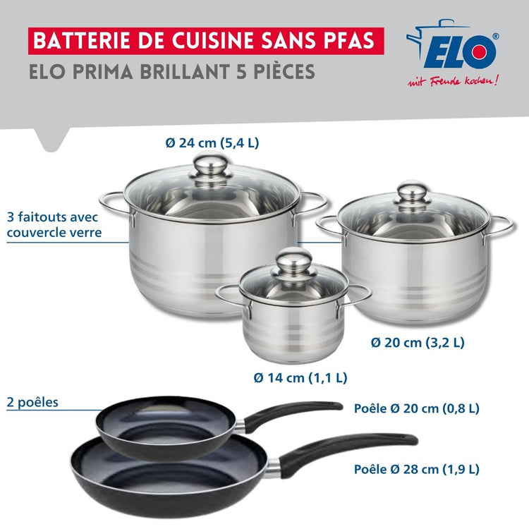 Ensemble de 2 Poêles de cuisson 20 et 28 cm et 3 faitouts 14, 20 et 24 cm Elo Prima Brillant