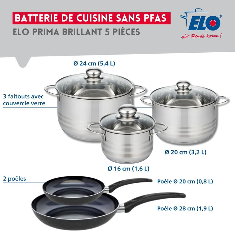 Ensemble de 2 Poêles de cuisson 20 et 28 cm et 3 faitouts 16, 20 et 24 cm Elo Prima Brillant