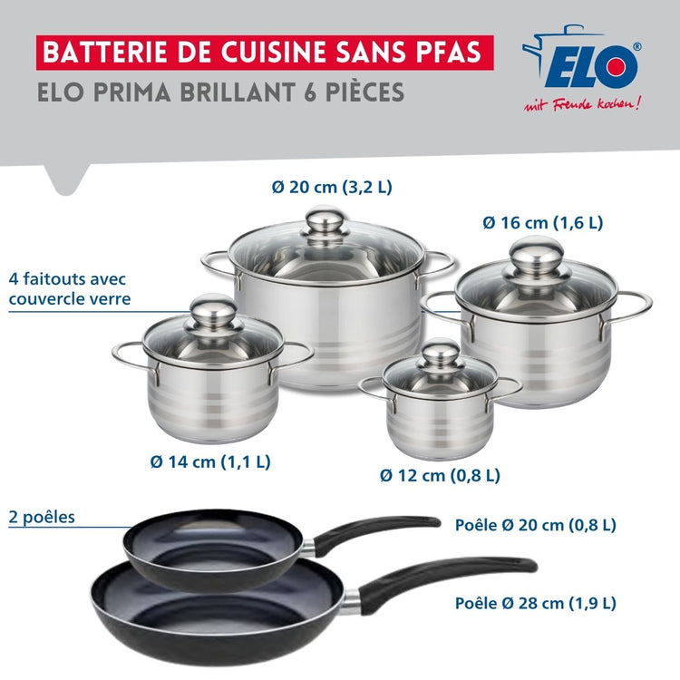 Ensemble de 2 Poêles de cuisson 20 et 28 cm et 4 faitouts 12, 14, 16 et 20 cm Elo Prima Brillant