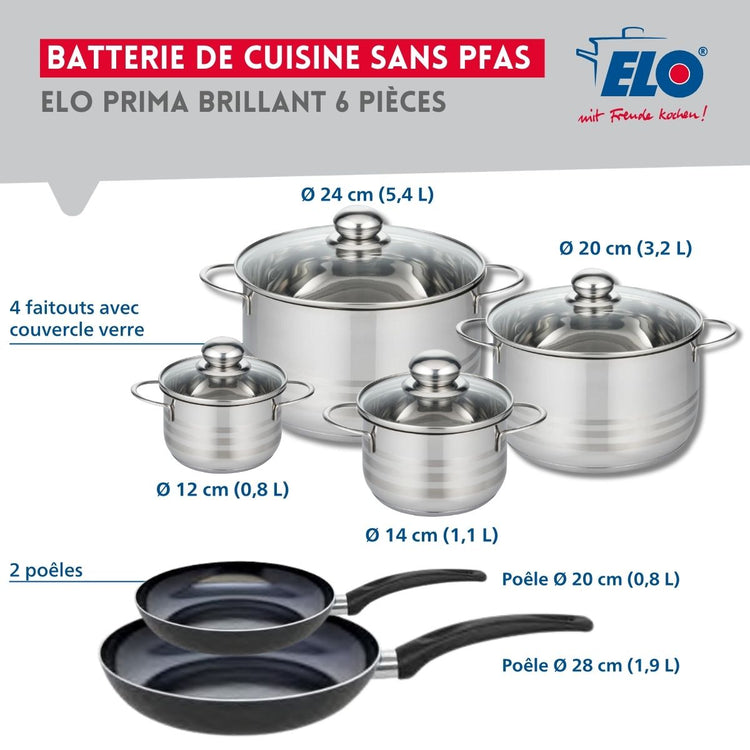 Ensemble de 2 Poêles de cuisson 20 et 28 cm et 4 faitouts 12, 14, 20 et 24 cm Elo Prima Brillant