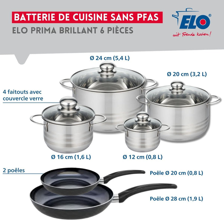 Ensemble de 2 Poêles de cuisson 20 et 28 cm et 4 faitouts 12, 16, 20 et 24 cm Elo Prima Brillant