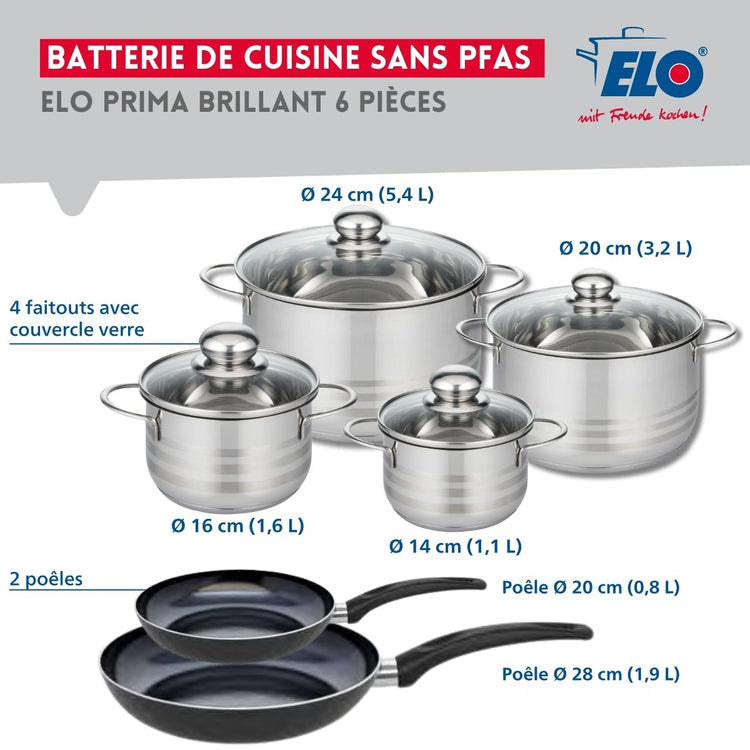 Ensemble de 2 Poêles de cuisson 20 et 28 cm et 4 faitouts 14, 16, 20 et 24 cm Elo Prima Brillant