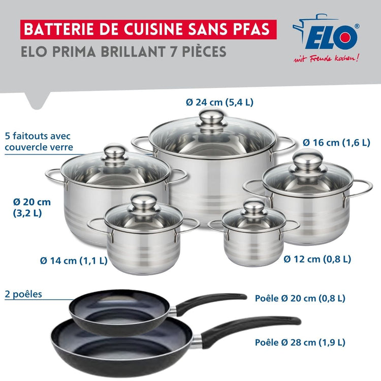 Ensemble de 2 Poêles de cuisson 20 et 28 cm et 5 faitouts 12, 14, 16, 20 et 24 cm Elo Prima Brillant