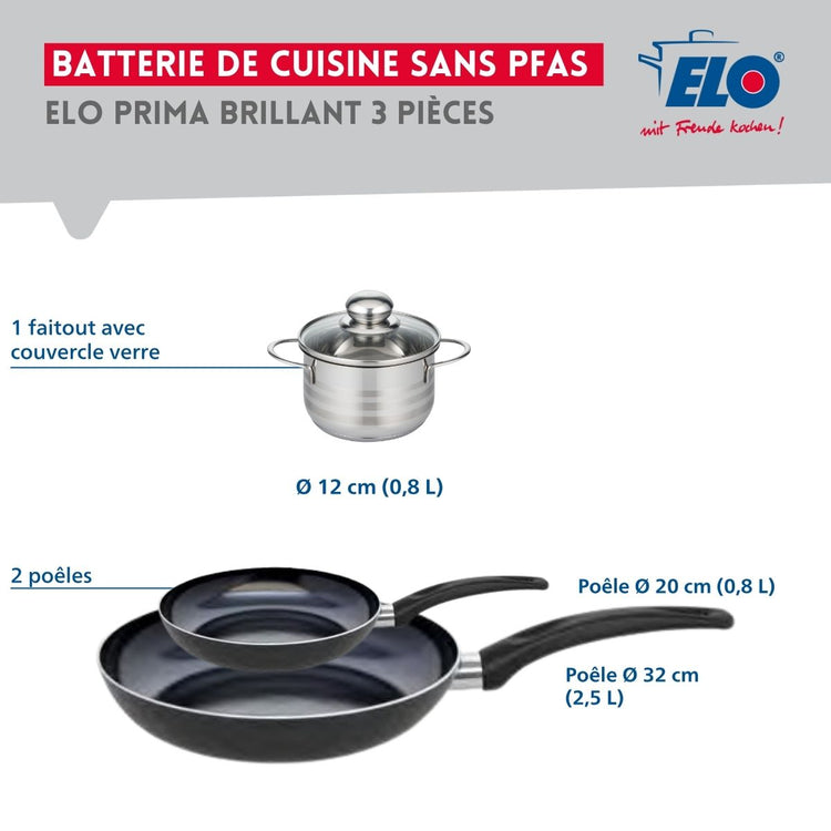 Ensemble de 2 Poêles de cuisson 20 et 32 cm et 1 faitout 12 cm Elo Prima Brillant