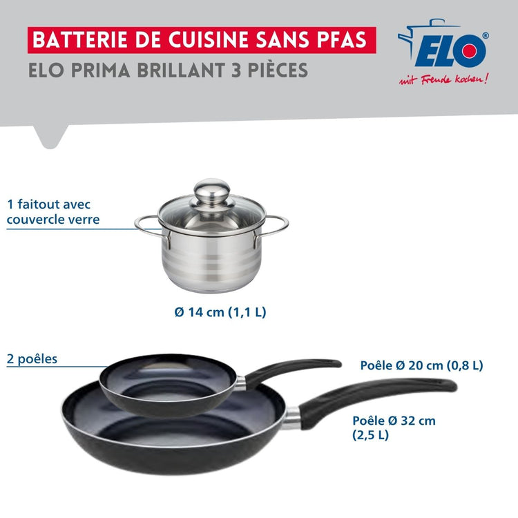 Ensemble de 2 Poêles de cuisson 20 et 32 cm et 1 faitout 14 cm Elo Prima Brillant