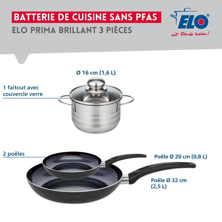 Ensemble de 2 Poêles de cuisson 20 et 32 cm et 1 faitout 16 cm Elo Prima Brillant