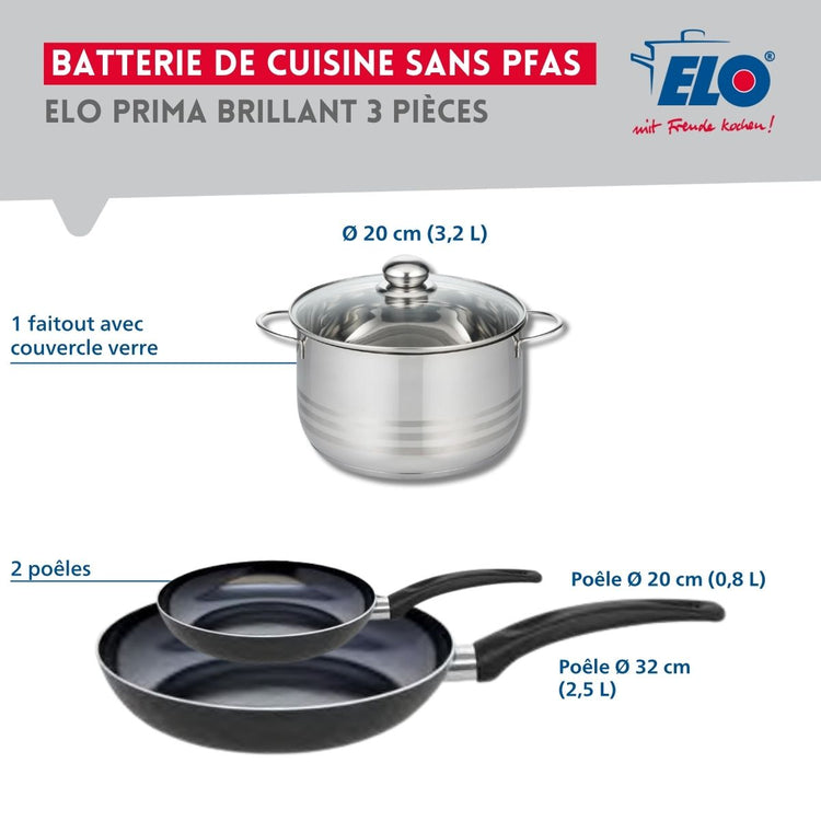 Ensemble de 2 Poêles de cuisson 20 et 32 cm et 1 faitout 20 cm Elo Prima Brillant