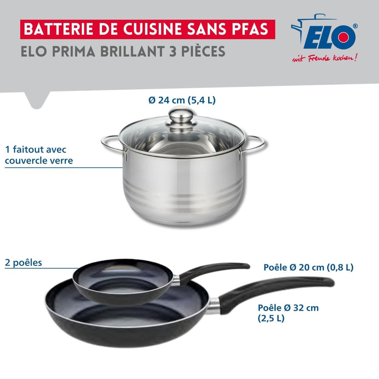 Ensemble de 2 Poêles de cuisson 20 et 32 cm et 1 faitout 24 cm Elo Prima Brillant