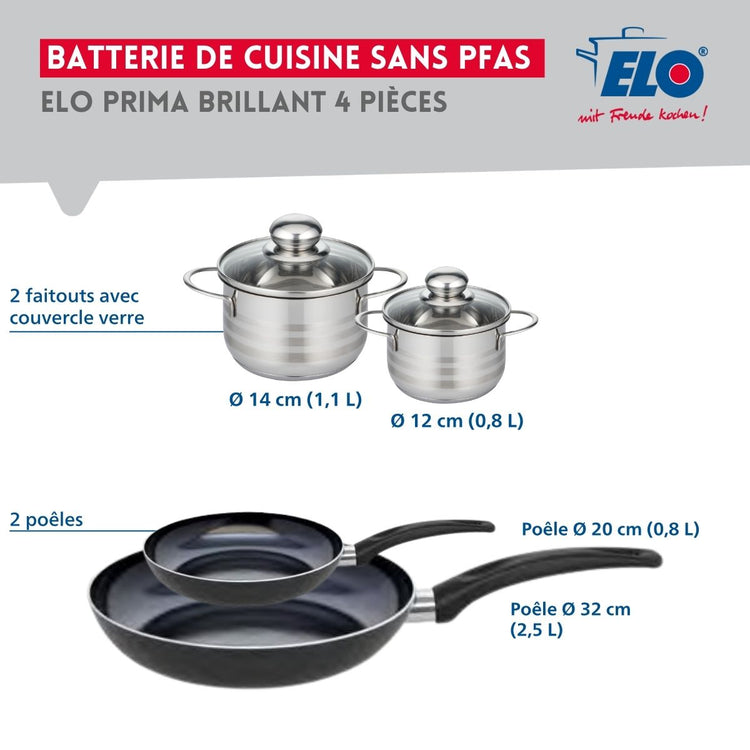 Ensemble de 2 Poêles de cuisson 20 et 32 cm et 2 faitouts 12 et 14 cm Elo Prima Brillant