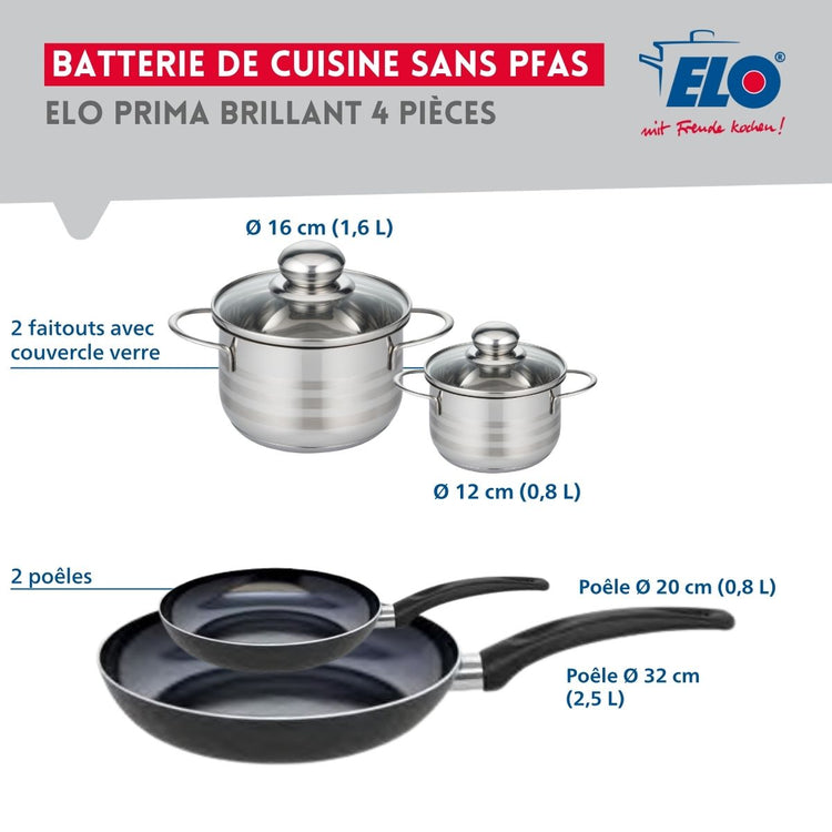 Ensemble de 2 Poêles de cuisson 20 et 32 cm et 2 faitouts 12 et 16 cm Elo Prima Brillant