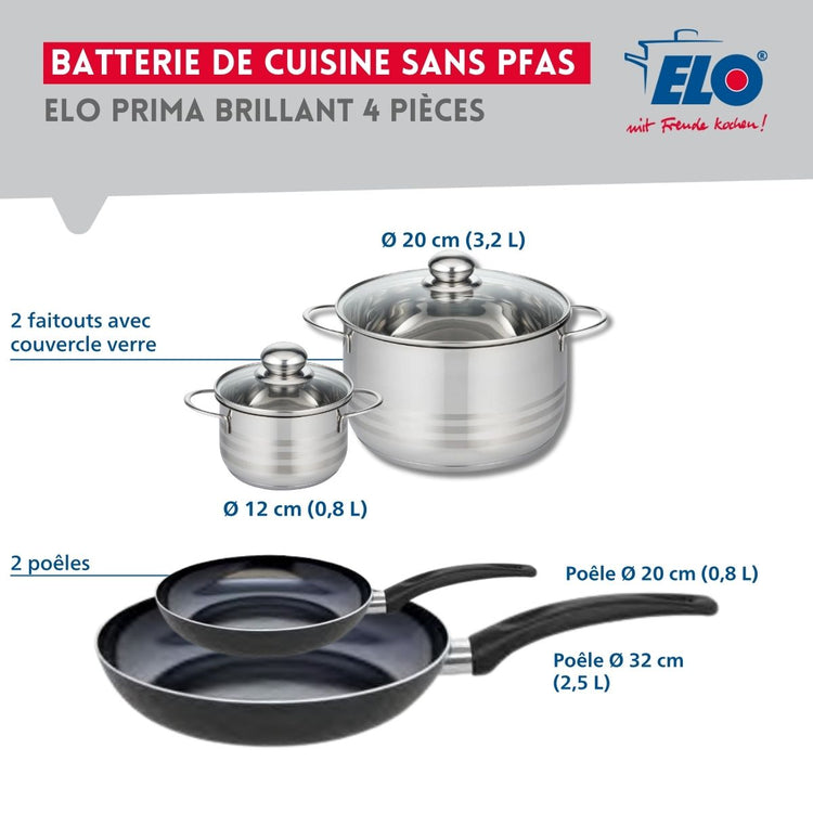 Ensemble de 2 Poêles de cuisson 20 et 32 cm et 2 faitouts 12 et 20 cm Elo Prima Brillant