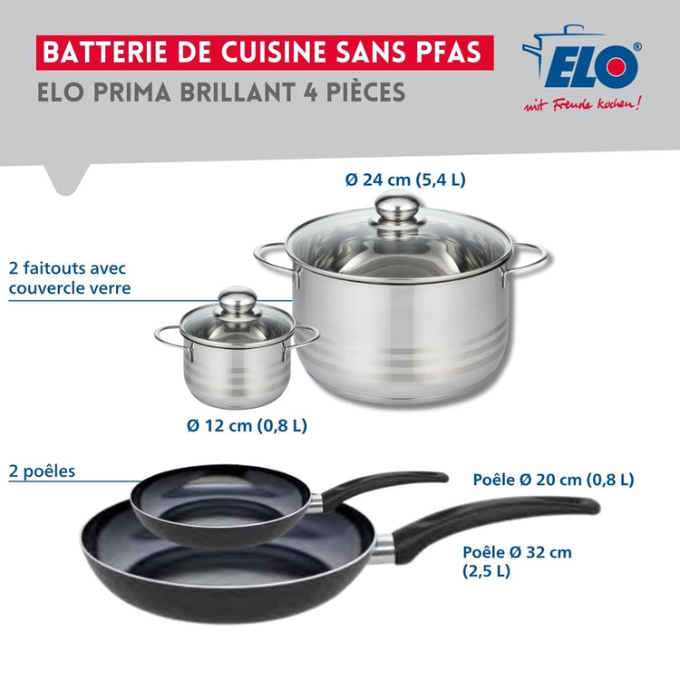 Ensemble de 2 Poêles de cuisson 20 et 32 cm et 2 faitouts 12 et 24 cm Elo Prima Brillant