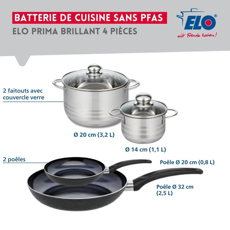 Ensemble de 2 Poêles de cuisson 20 et 32 cm et 2 faitouts 14 et 20 cm Elo Prima Brillant