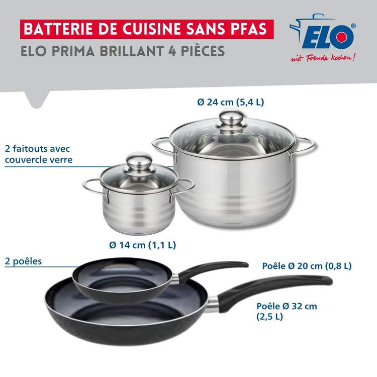 Ensemble de 2 Poêles de cuisson 20 et 32 cm et 2 faitouts 14 et 24 cm Elo Prima Brillant