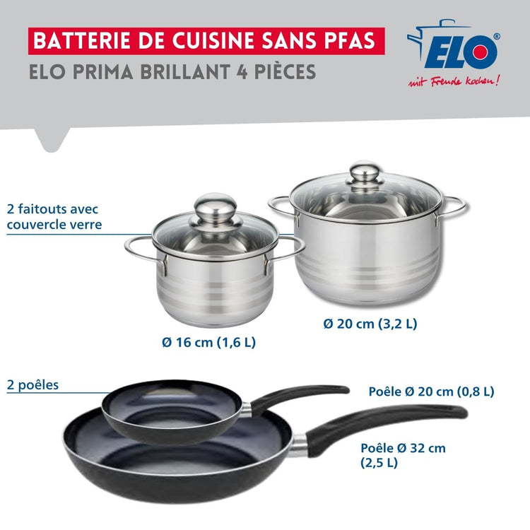 Ensemble de 2 Poêles de cuisson 20 et 32 cm et 2 faitouts 16 et 20 cm Elo Prima Brillant