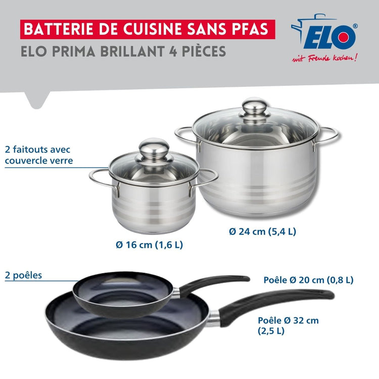 Ensemble de 2 Poêles de cuisson 20 et 32 cm et 2 faitouts 16 et 24 cm Elo Prima Brillant