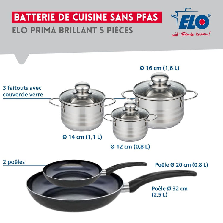 Ensemble de 2 Poêles de cuisson 20 et 32 cm et 3 faitouts 12, 14 et 16 cm Elo Prima Brillant