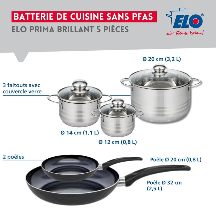 Ensemble de 2 Poêles de cuisson 20 et 32 cm et 3 faitouts 12, 14 et 20 cm Elo Prima Brillant