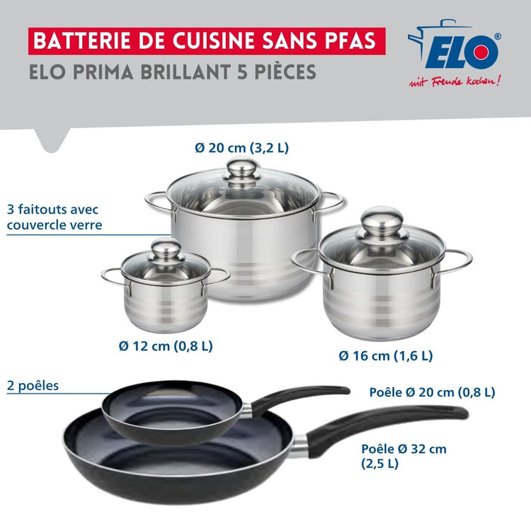 Ensemble de 2 Poêles de cuisson 20 et 32 cm et 3 faitouts 12, 16 et 20 cm Elo Prima Brillant