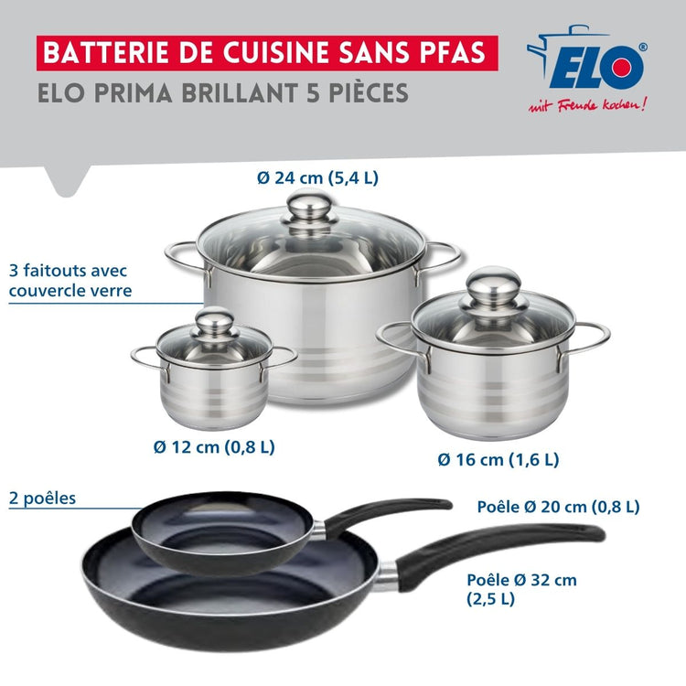 Ensemble de 2 Poêles de cuisson 20 et 32 cm et 3 faitouts 12, 16 et 24 cm Elo Prima Brillant