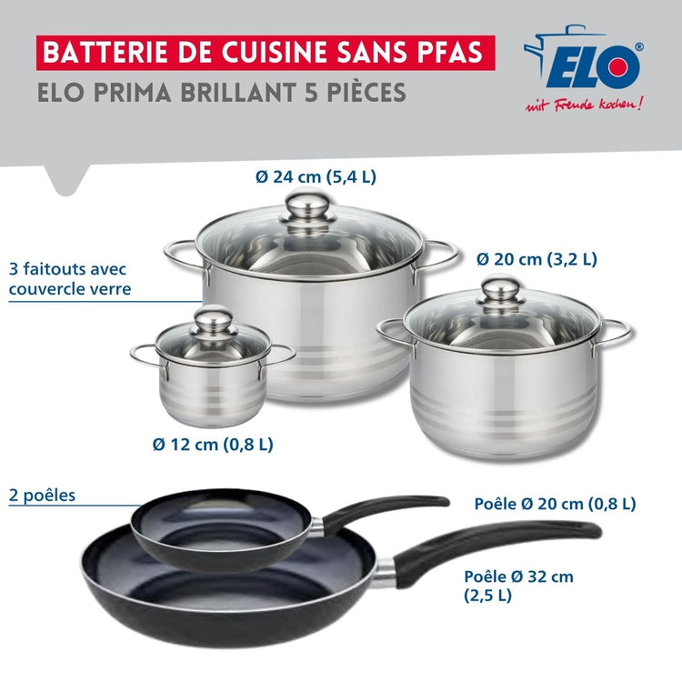 Ensemble de 2 Poêles de cuisson 20 et 32 cm et 3 faitouts 12, 20 et 24 cm Elo Prima Brillant